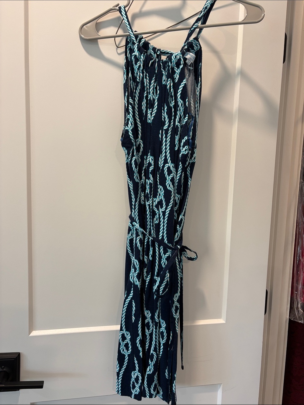 Sleeveless Navy Rope-Print Jumpsuit with Tie Waist